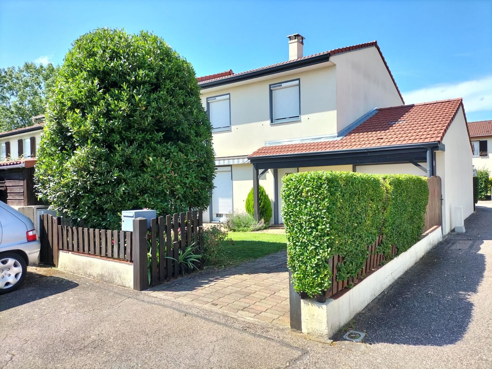 Haie et grand laurier taillés devant une maison